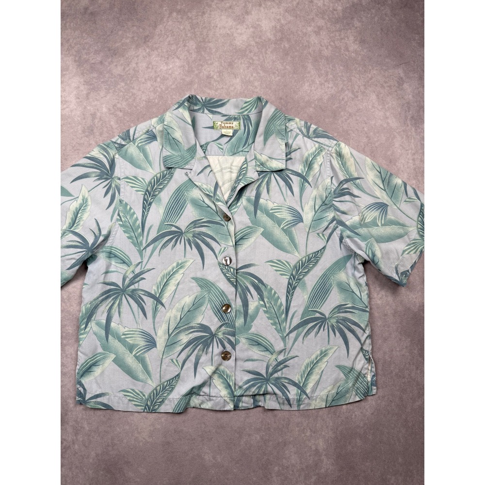 Tommy Bahama Womens L 100% Silk Tropical Palm Leaf Aloha Camp Shirt Blue Green